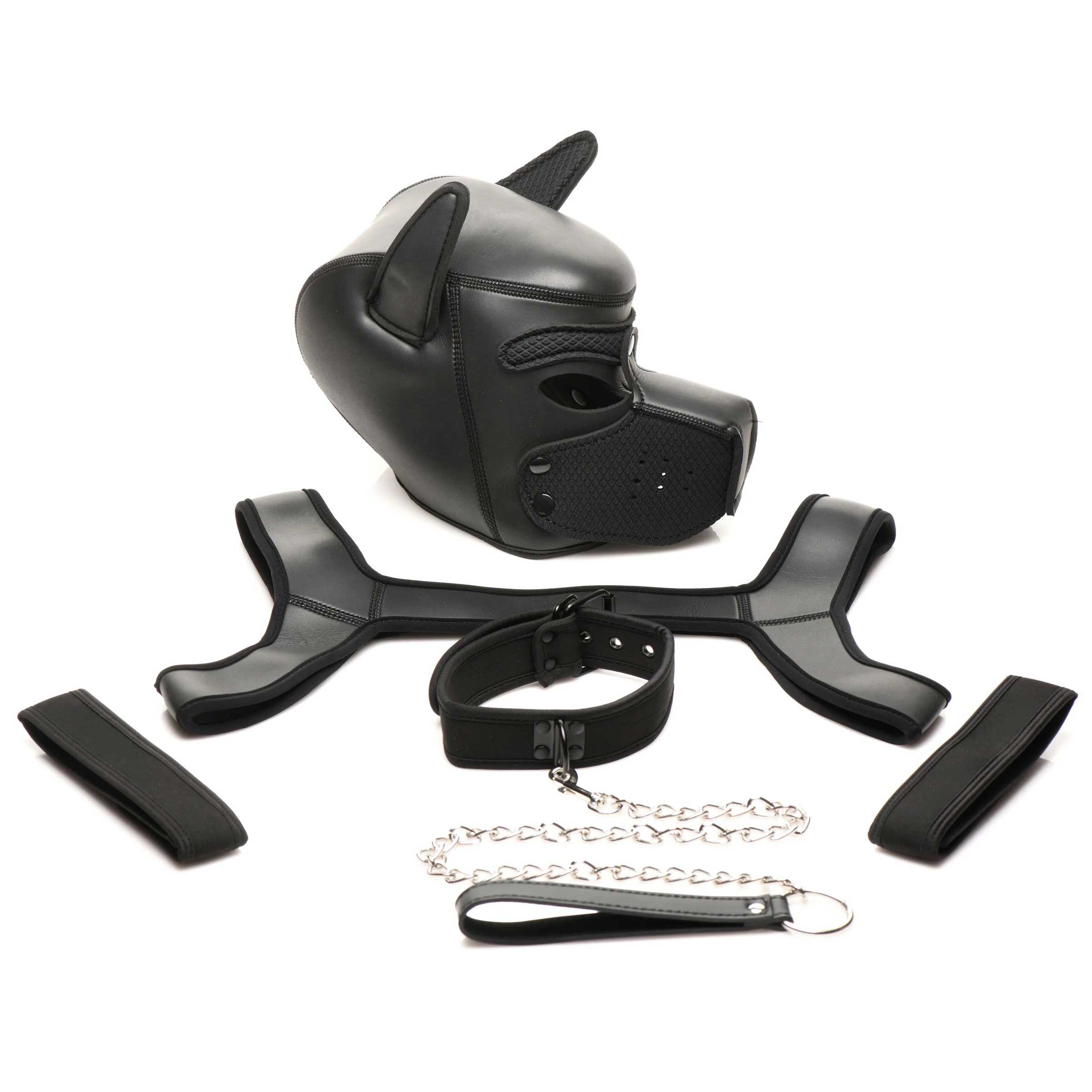 "Full Pup Arsenal Set Neoprene Puppy Hood, Chest  Harness, Collar With Leash and Arm Band - Black MS-AH170"